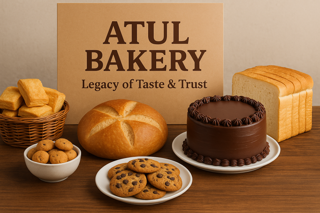 A neatly arranged assortment of Atul Bakery items including bread, chocolate cake, cookies, and khari biscuits on a wooden table.