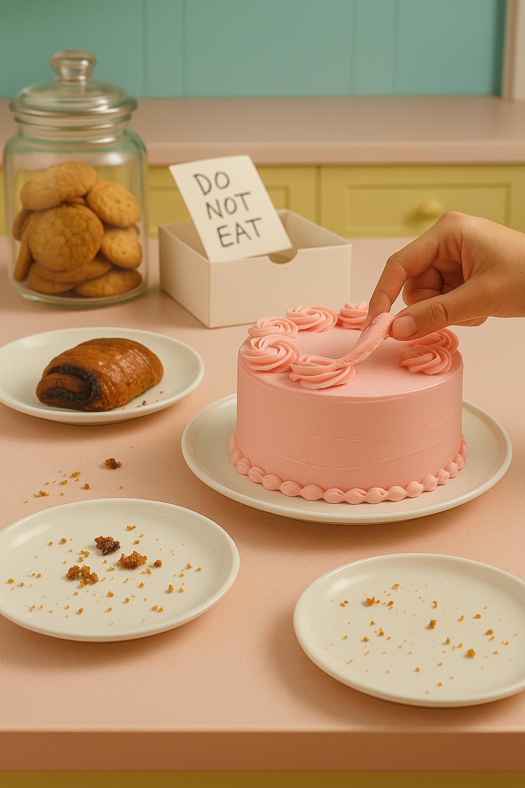 A hand sneaks frosting from a pink cake beside cookie crumbs, a half-eaten croissant, and a “Do Not Eat” sign — humorously capturing bakery confessions.